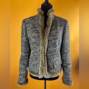Lafayette 148 Green & Black Tweed Fox Trimmed Jacket